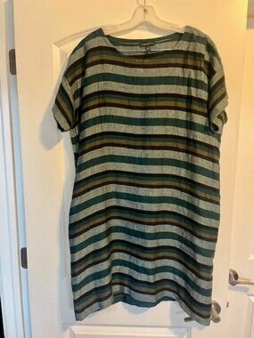 Eileen Fisher Organic Linen Striped Dress. Earth Tones. Size S/P